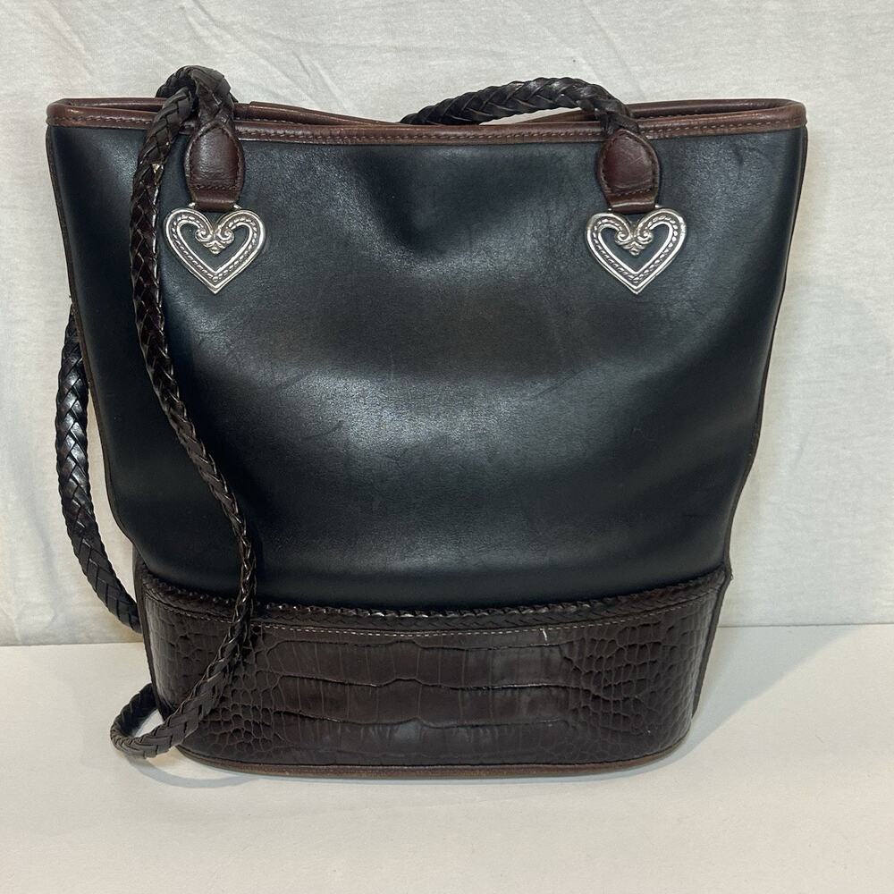 BRIGHTON Shoulder Purse‎ Black Pebbled Leather Brown Alligator braided Bag